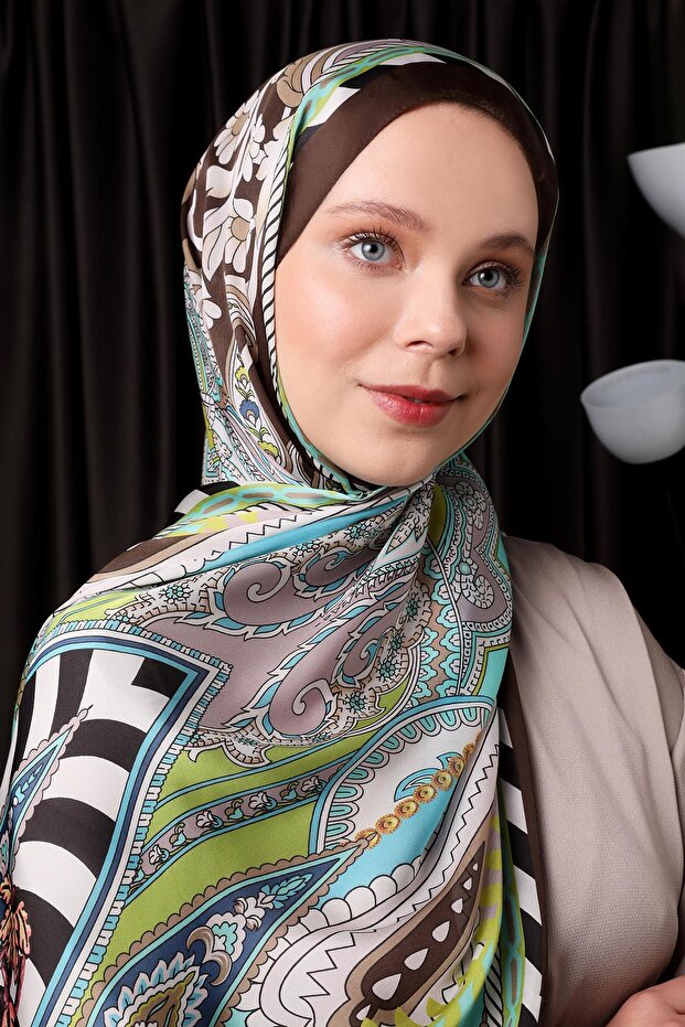 Çikolata Kahve Çizgili Hint İpeği Şal - 3