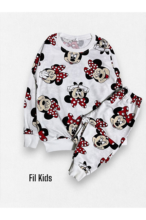 Girl's 100% Cotton White Mickey Patterned Long Sleeve Seasonal Pajama Set