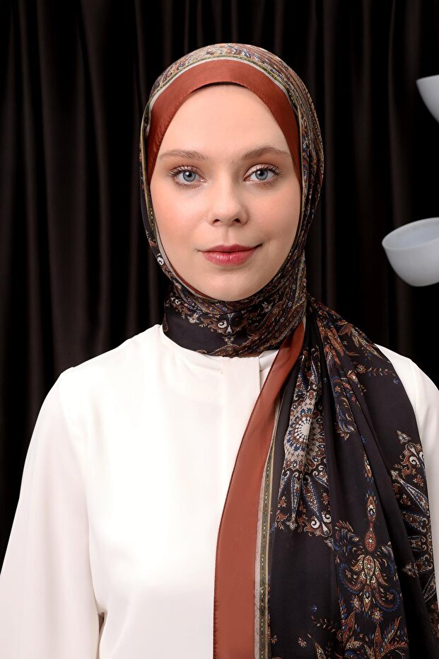 Kiremit Otantik Desen Hint İpeği Şal - 4