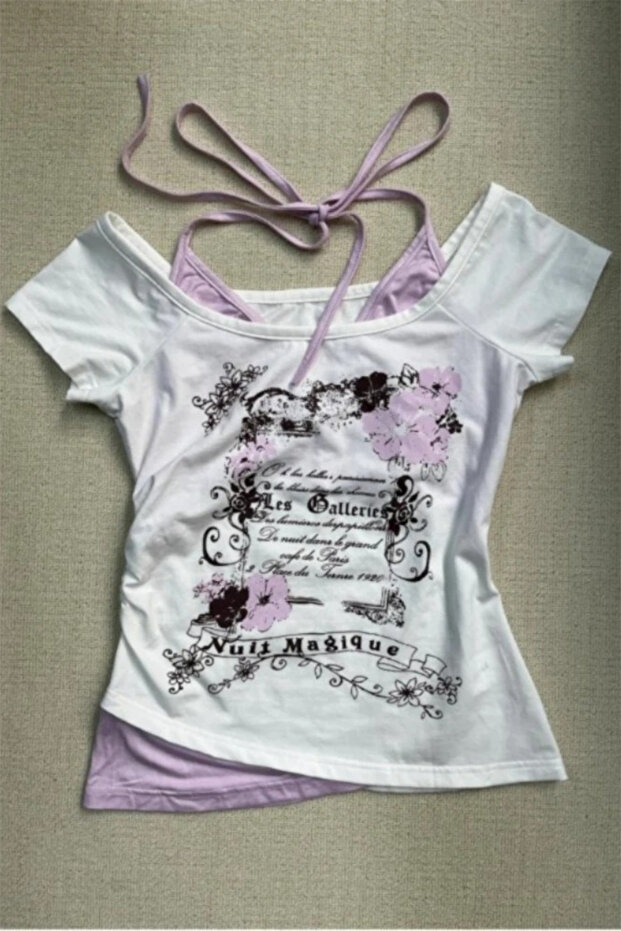 Nuit Magique Flowers White Blouse with Additional Strap Short Sleeve Inner Body