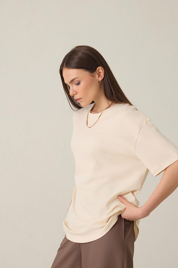Krem %100 Pamuklu Bisiklet Yaka Basic Kısa Kollu Oversize T-Shirt - 6