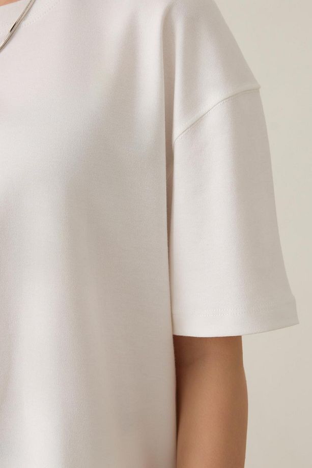 Ekru %100 Pamuklu Bisiklet Yaka Basic Kısa Kollu Oversize T-Shirt - 5