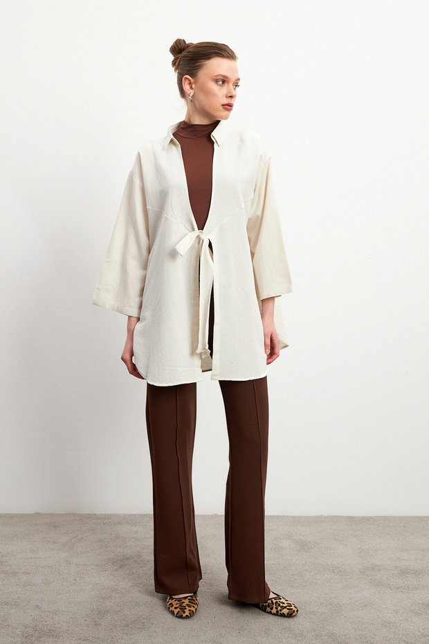 Women's Ecru Binding Detailed Flam Linen Kimono