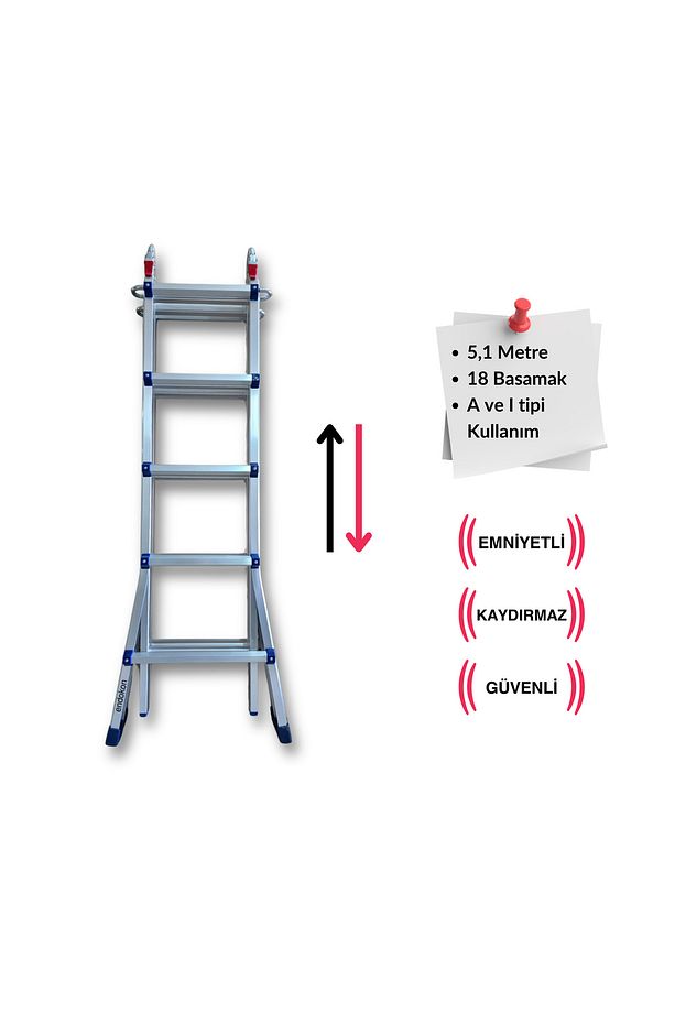510 Cm. 18 Basamak A Ve I Tipi Katlanıp Uzayabilen Mini Dev Alüminyum Merdiven - 1