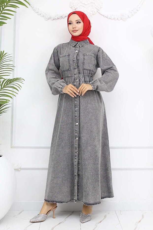 Düğmeli Kot Elbise Siyah 6101 - 5