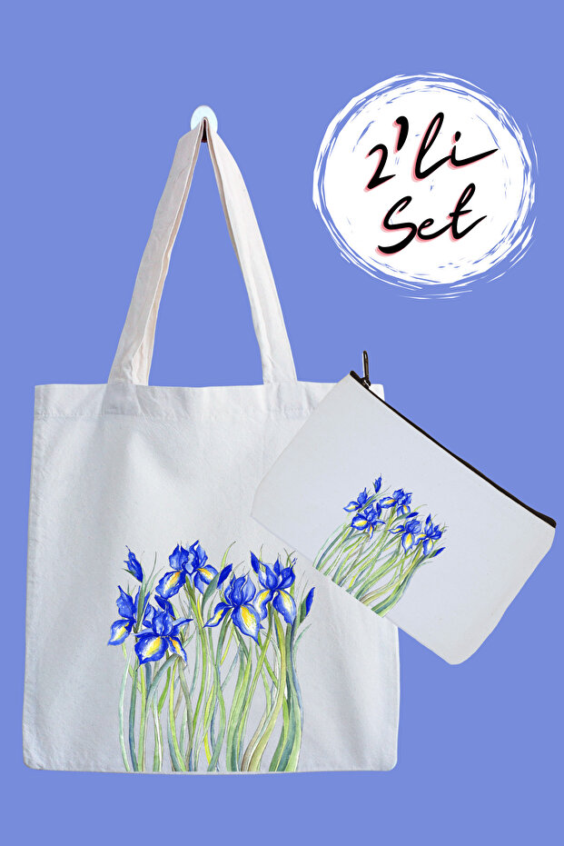 Blue Flower Waterproof Cloth Bag and Pen Holder 2-Piece Advantage Set