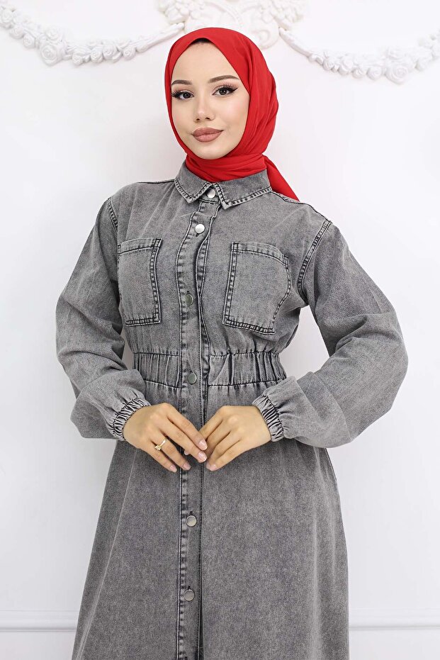 Düğmeli Kot Elbise Siyah 6101 - 3