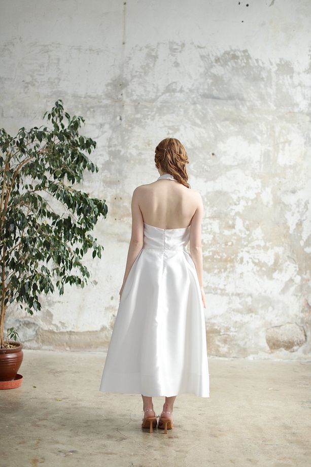 Halter Yaka Çıkarılabilir Şal Detaylı Elbise Ekru - 5