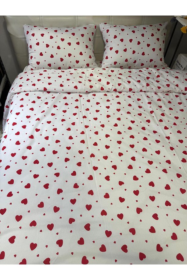 Pamuklu (BATTAL) Çift Kişilik Fitted (LASTİKLİ) Çarşaflı Kalp Desenli Nevresim Takımı - 5