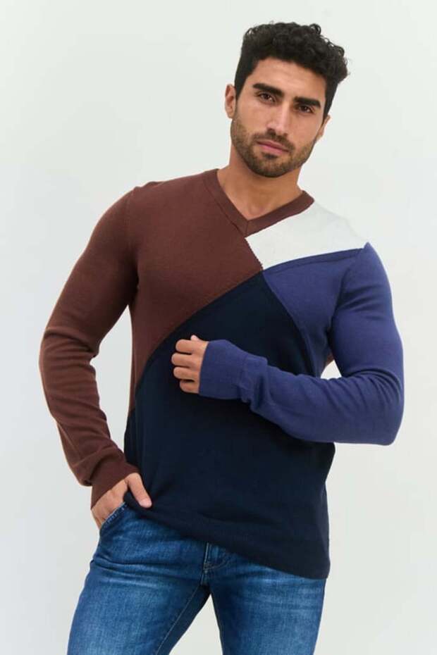 Men V-Neck Long Sleeves Colorblock Sweater, Navy