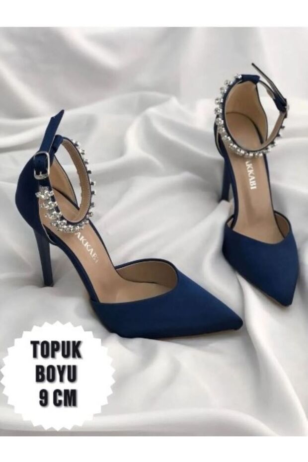 Navy Blue Satin Heeled Stone Stiletto Evening Dress Shoes Heel Height 9 cm