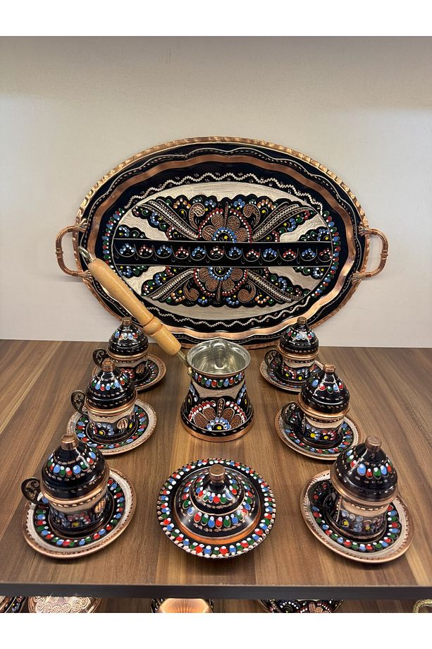 Bakır Kahve Seti 6 Kişilik Set (Tepsi, fincan, cezve ve lokumluk) - 1