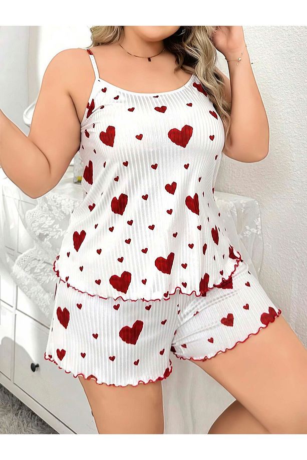 Büyük Beden Kalp Baskılı Üst ve Şort Pijama Takımı - 2