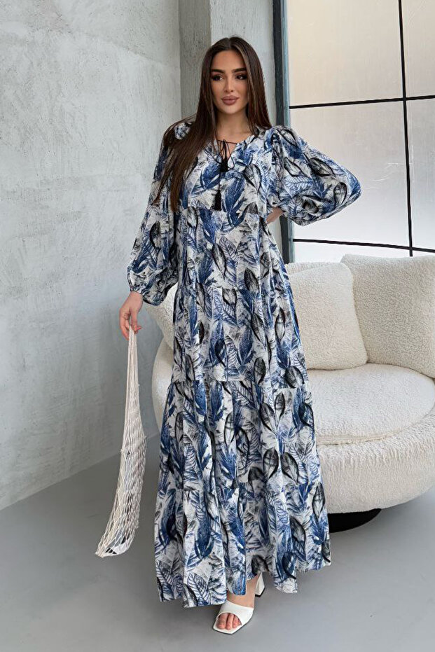 Women's Blue Leaf Patterned Balloon Sleeve Casual Long Dress