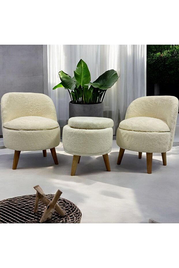 Bej Teddy Kumaş Çay Seti Berjer ve Puf - 1