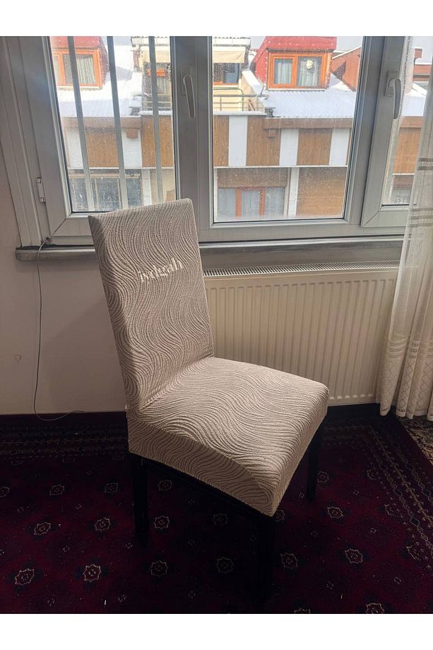 Lüks Jakarlı Su Yolu Desen Düz Sandalye Örtüsü. Lastikli Şık Sandalye Kılıfı 1.adet Vizon - 3