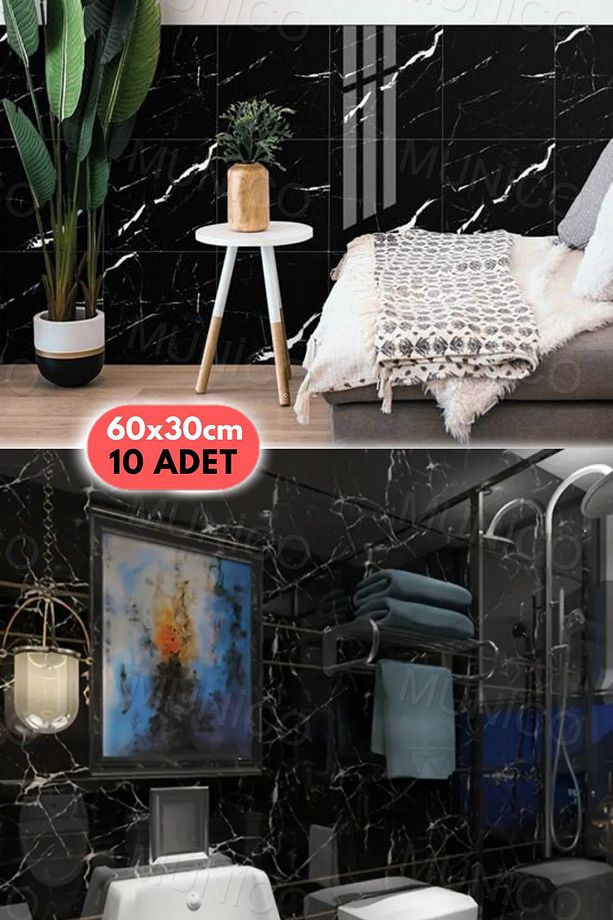 10 Adet Su Geçirmez Siyah Duvar Stickerı 3D Duvar Dekor Duvar Kağıdı Banyo Mermer 60x30cm Yapışkanlı - 3