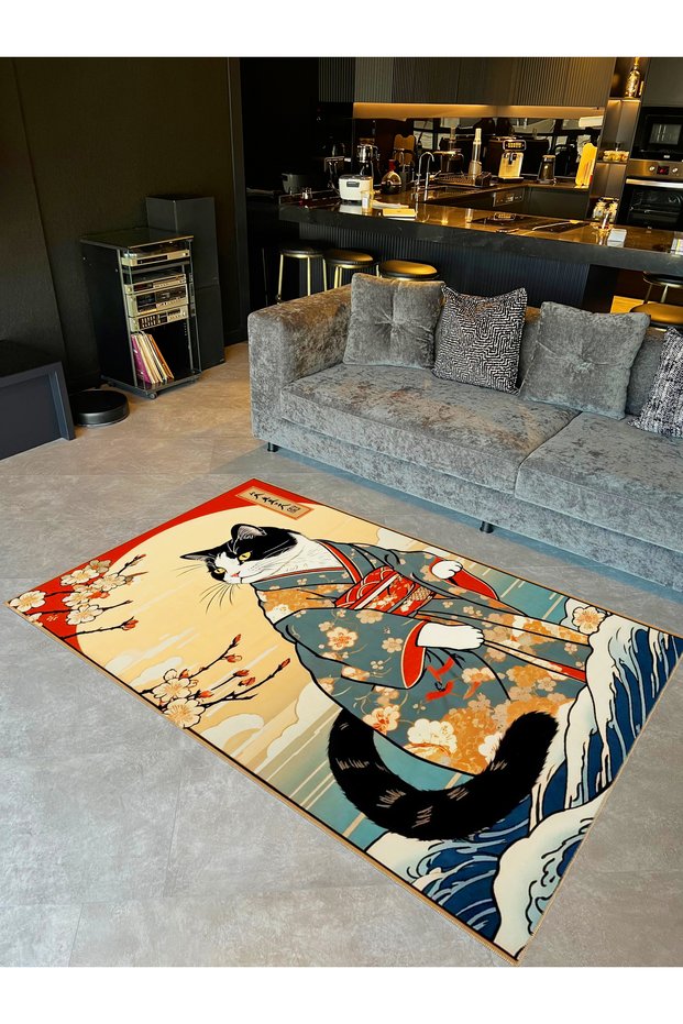 Tuğrul Collection Abstract Themed Kimono Wearing Cat Patterned Woven Base Modern Decorative Carpet 38
