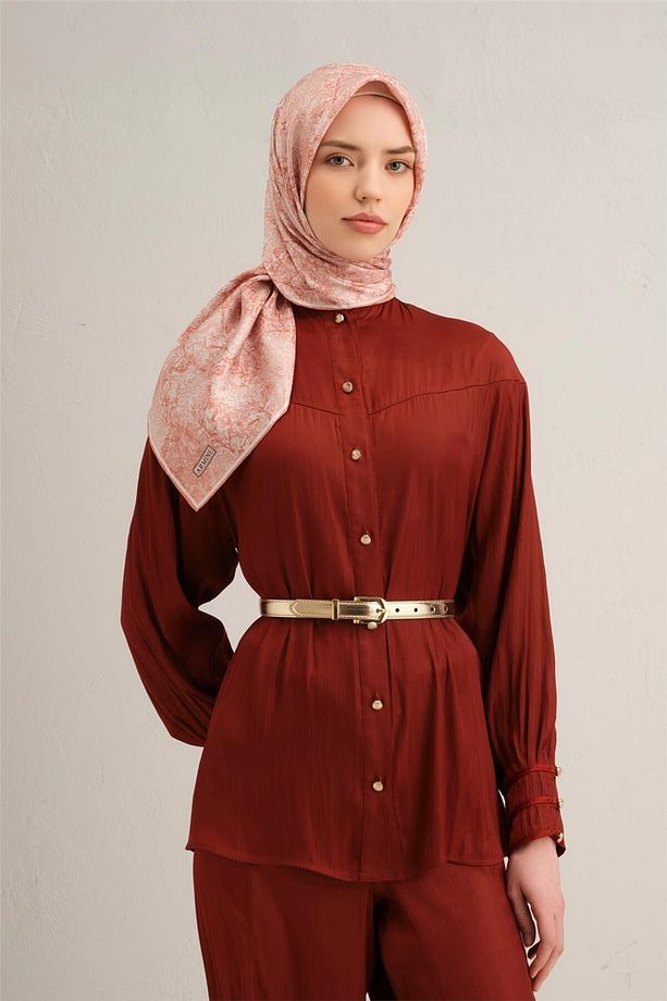 Desenli Saf Ipek Twill Eşarp 9311- 02 - 1