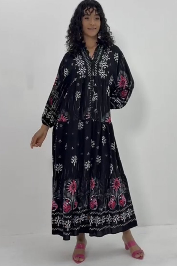 Women's Black Buttoned Placket Neckline Decent Balloon Sleeve Loose Long Dress