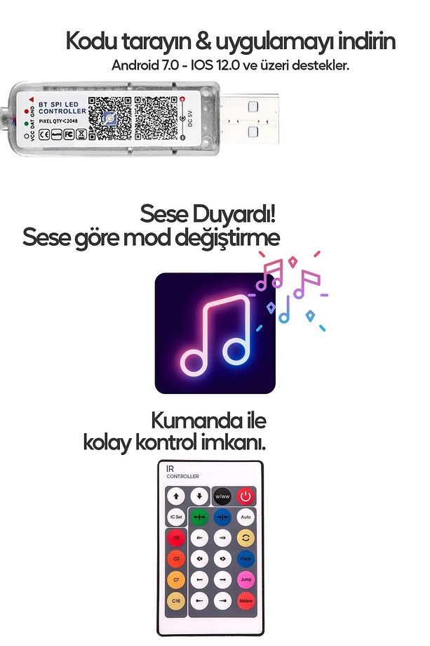 Bluetooth Telefon Kontrollü 10 Metre Şerit Led Sese Duyarlı Kumandalı Su Geçirmez Led - 5