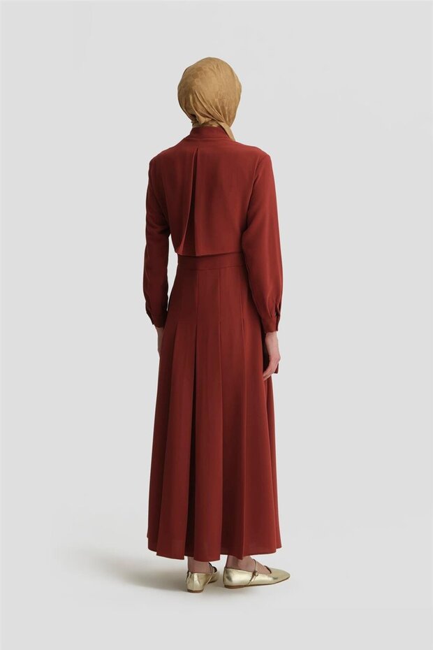 Pileli Elbise 25y9018 Koyu Kırmızı - 5
