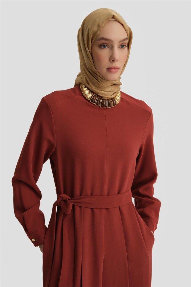 Pileli Elbise 25y9018 Koyu Kırmızı - 4