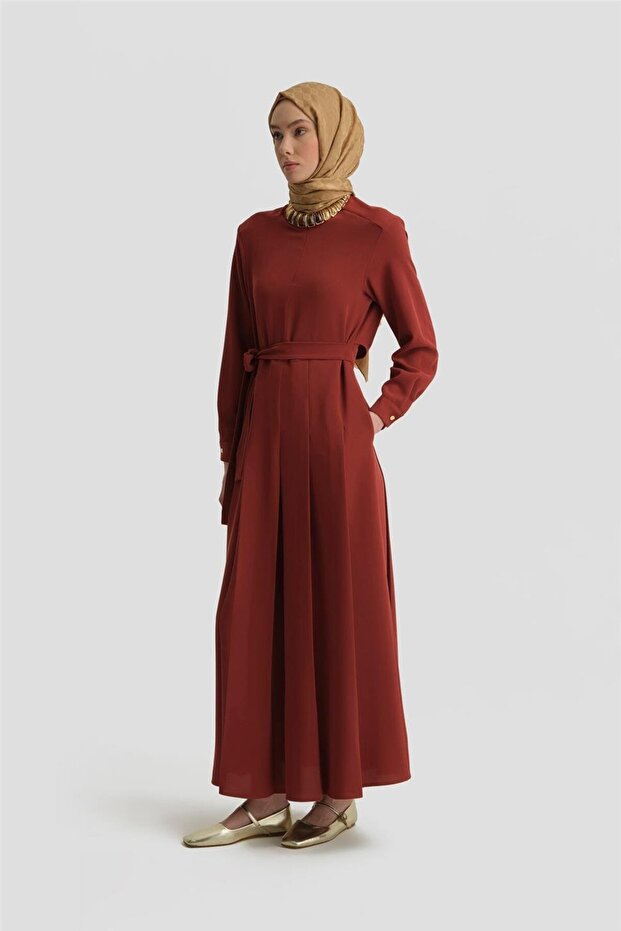Pileli Elbise 25y9018 Koyu Kırmızı - 3