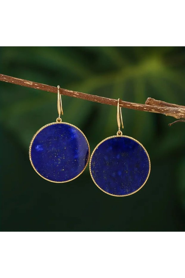 Blue Lapis Lazuli Dangle Earrings - Large, Natural, Vintage Round, Bohemian Style, Ethnic Fashion Je