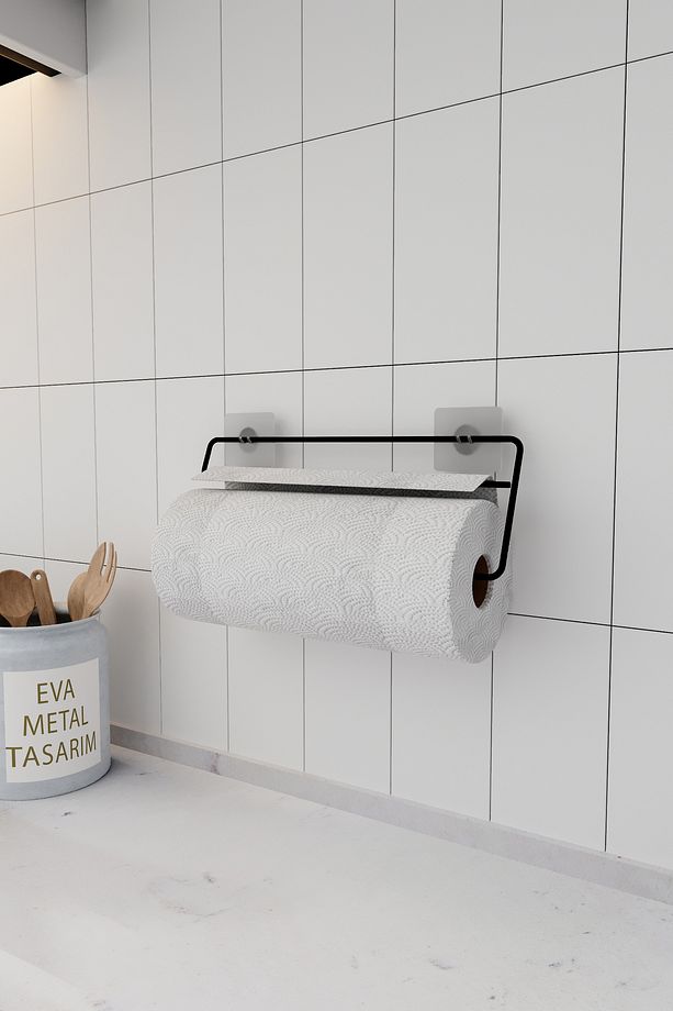 Yapışkanlı Kağıt Havluluk Siyah Kağıt Havlu Askısı Tutacağı Metal Banyo Mutfak Havluluğu Minimal - 2