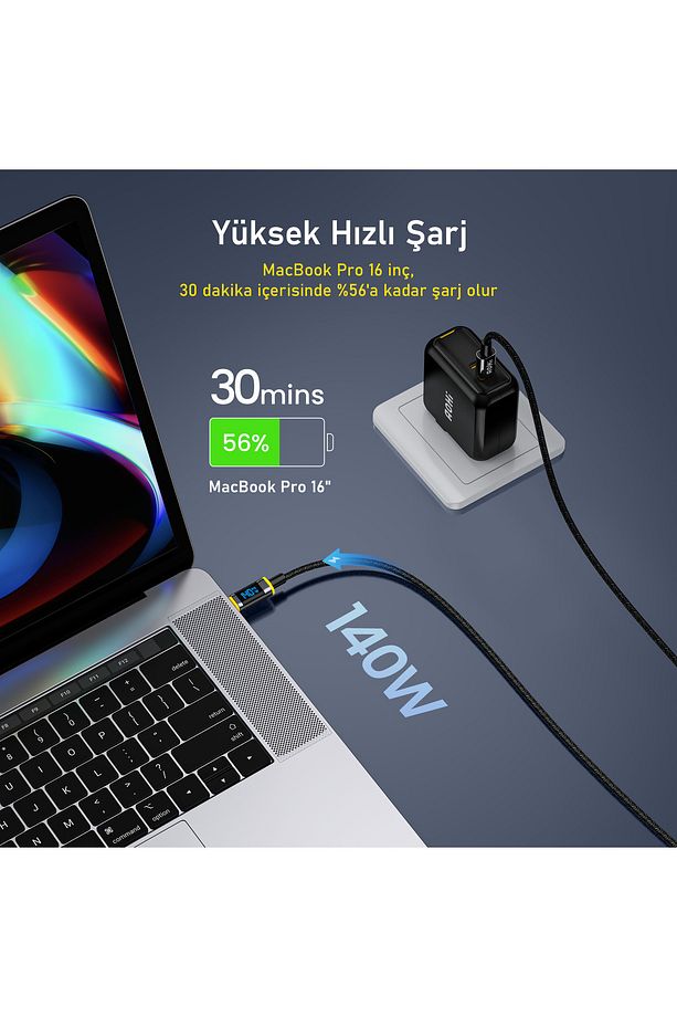 Magline Type-c To Type-c 140w Pd3.1 Led Ekranlı Örgülü 1.2m Süper Hızlı Şarj Ve Data Kablosu - 3