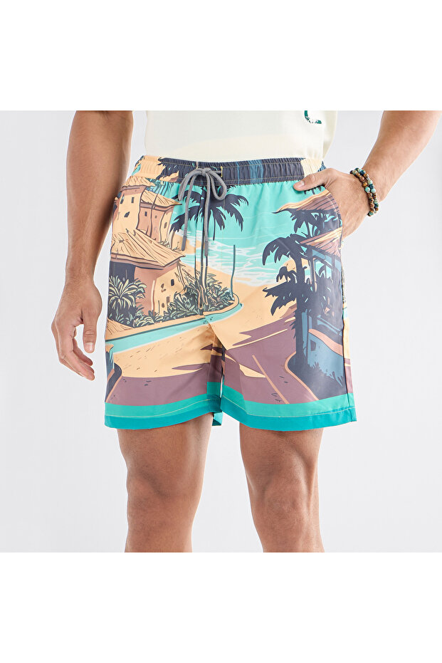 Palm Tree Print Shorts With Drawstring Closure And Pockets - 1