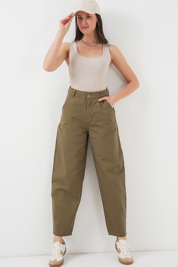 6703 Yüksek Bel Kot Pantolon - Haki - 3