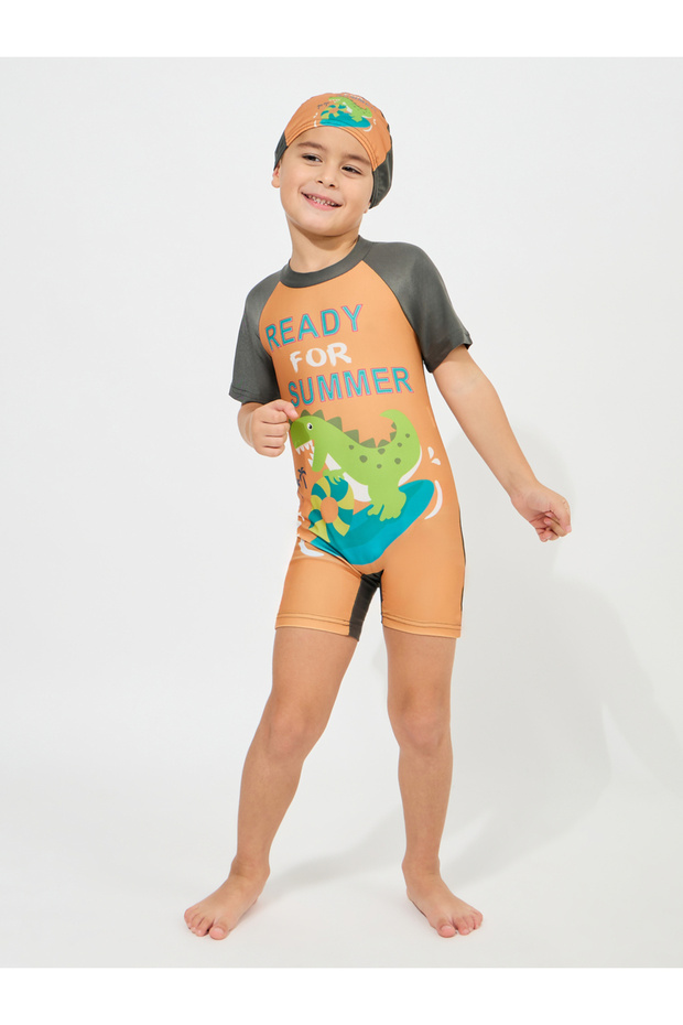 Dinosaur Print Swimsuit with Cap Set