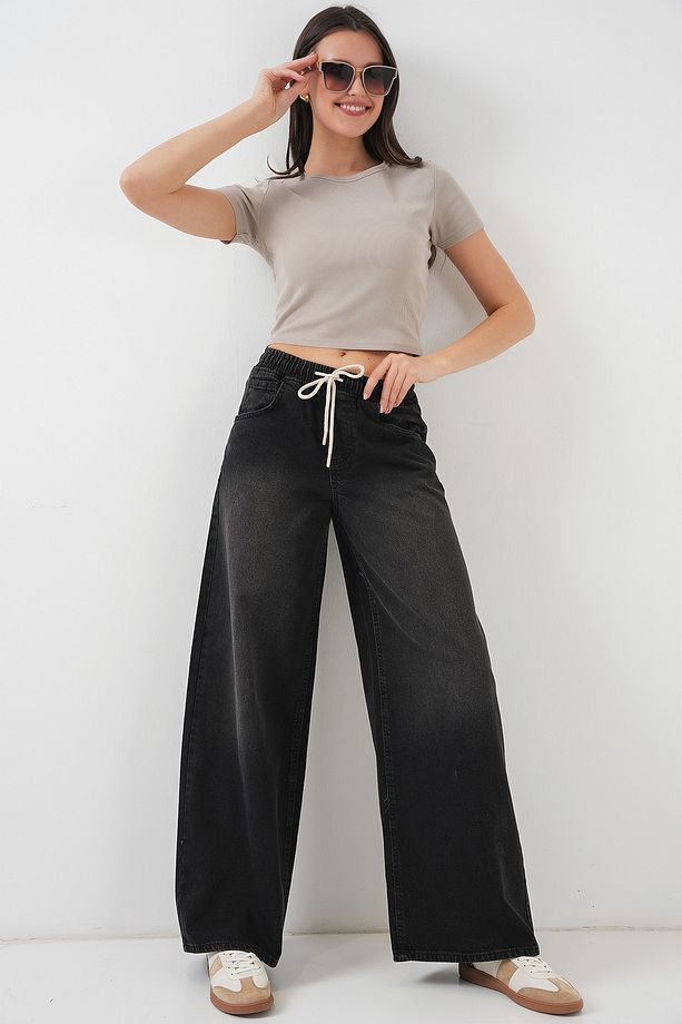 Kadın Bol Paça Kot Pantolon 6705 - Siyah - 1