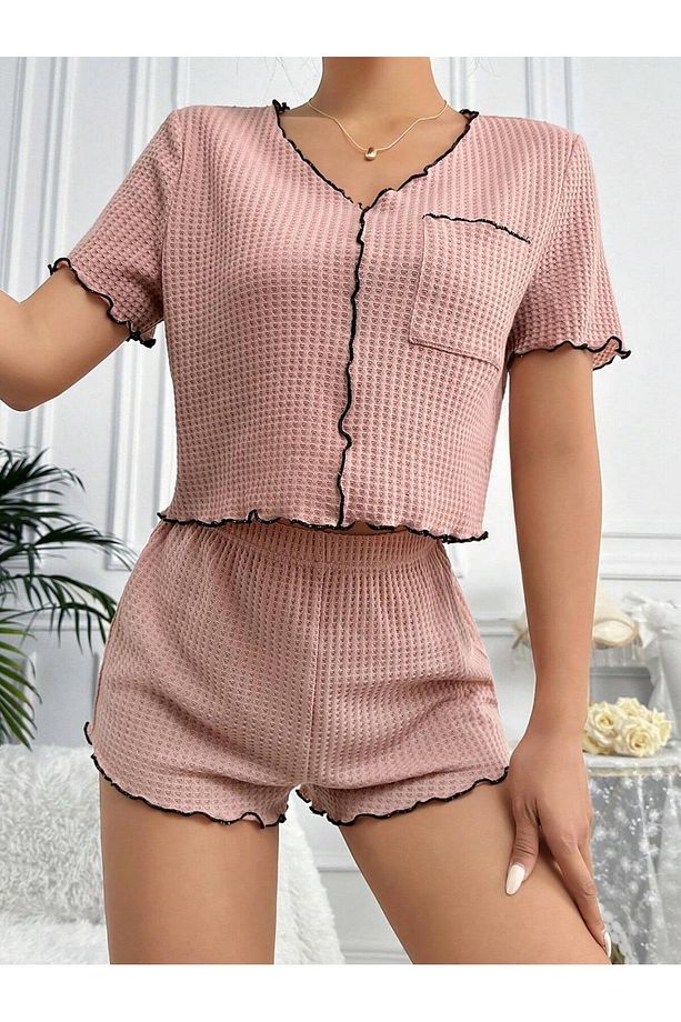 Gül Kurusu Pamuklu Özel Örme Kumaş Pijama Takımı - 2