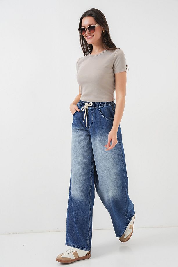 Kadın Bol Paça Kot Pantolon 6705 - Lacivert - 3
