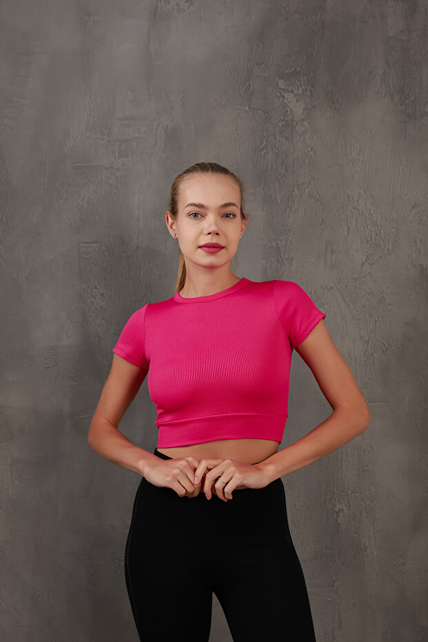 Corded Elastic Waist Crew Neck Crop Missbz2368