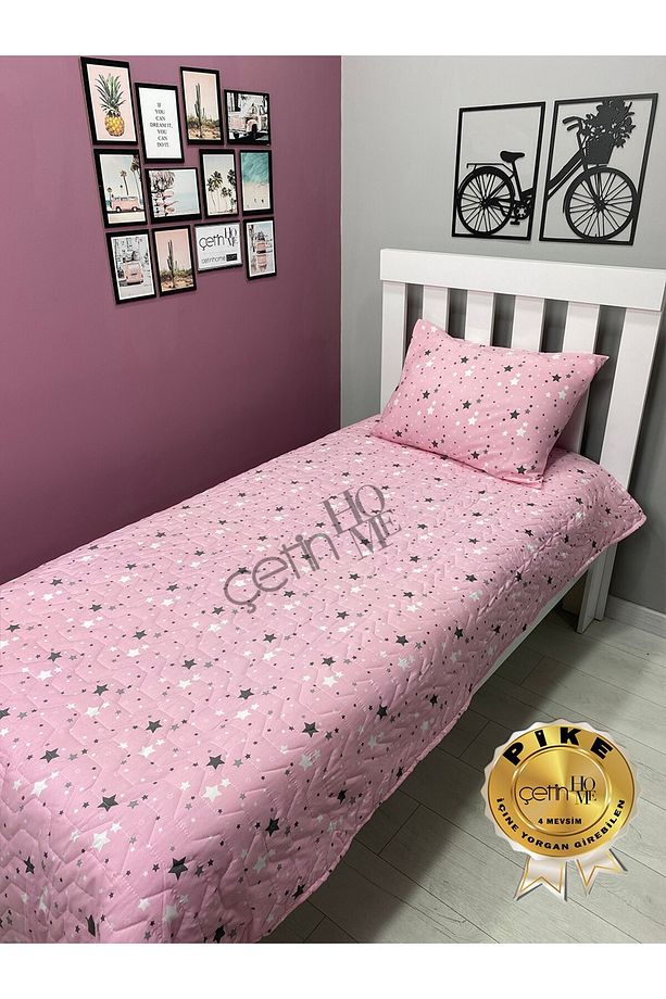Çetinhome Tek Kişilik Kapitone Pike Seti 4 Mevsim Pembe Star - 2