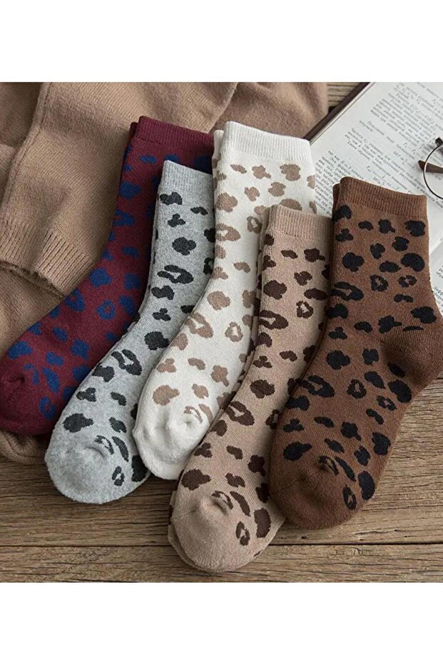 Зимни памучни хавлиени чорапи с леопардов принт 5 чифта - 1