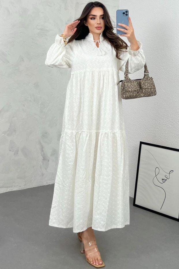 Women's White Scalloped Prevailing Collar and Sleeve Rubber Detail Long Sleeve Long Dress