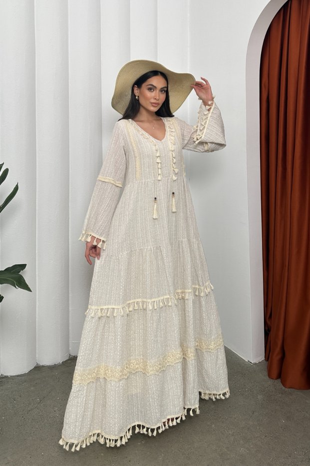 Long Sleeve Seersucker V-Neck Tassel Detailed Loose Cut Women's Dress