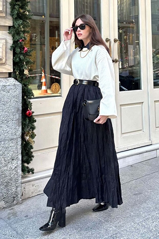 Kadın Pileli Kırışık Crash Etek - 1