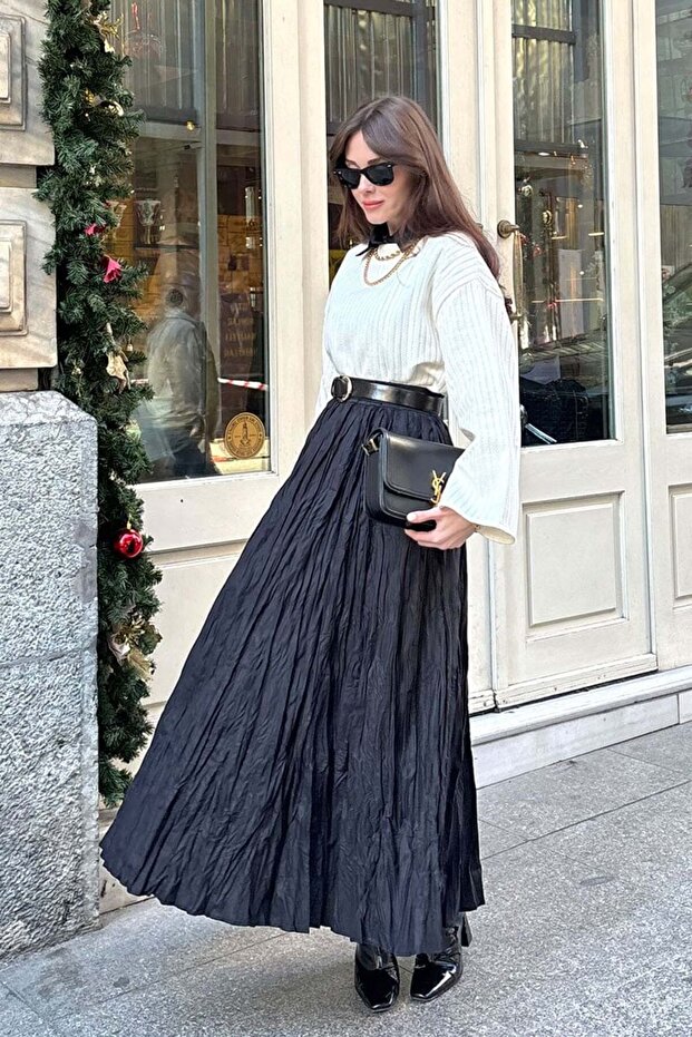 Kadın Pileli Kırışık Crash Etek - 3