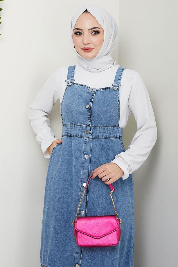 Eteği Fırfırlı Düğmeli Kot Salopet Elbise Mavi HM2672 - 3
