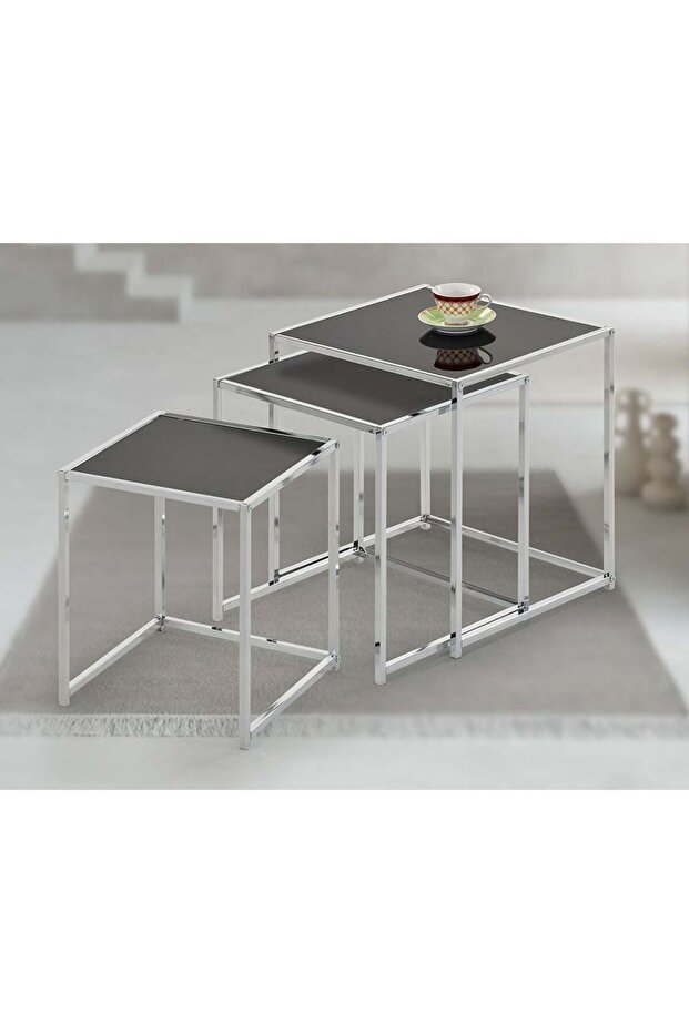 Jorley Glass Nesting Table Set of 3 L40xW40xH45cm - Chrome/Black Glass