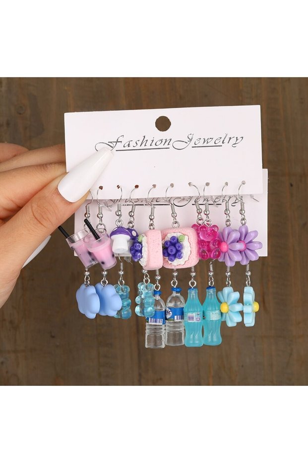 set1 10Pairs Women Earrings Sweet Fruit Drink Daisy Earrings Set Cute Cartoon Food Ice Cream Animal