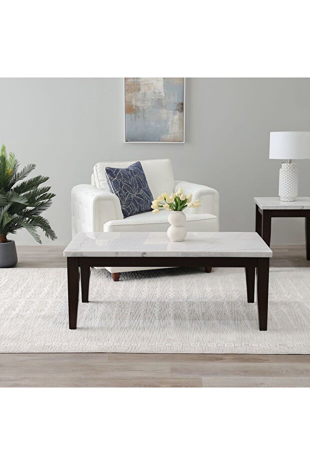 Brody Marble Coffee Table L127xW66xH52cm - White / Dark Walnut