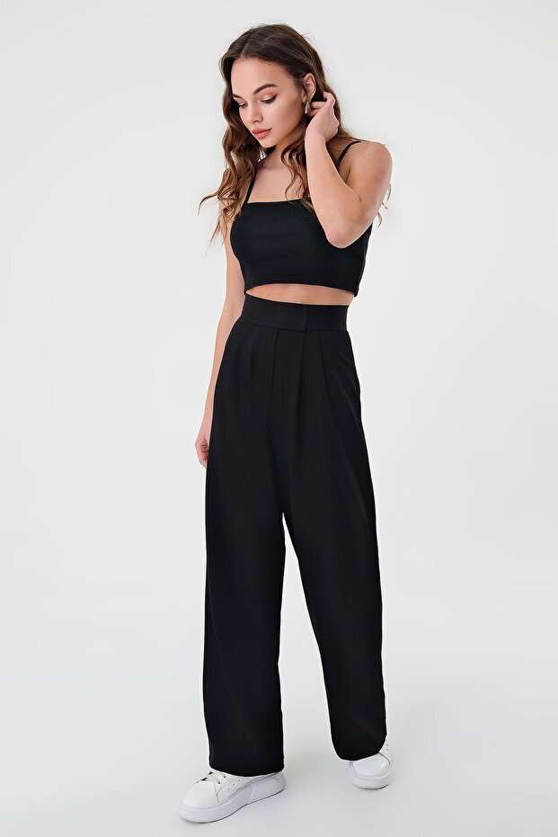 Women's Black High Waist Velcro Palazzo Pants
