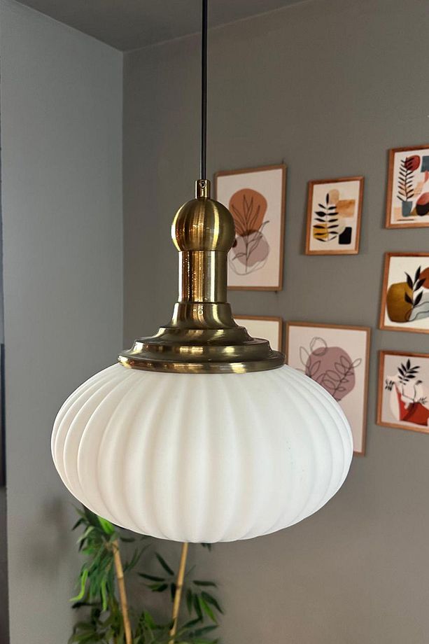 Elegant Beyaz Cam Tekli Avize Eskitme Long Knob Başlık Sarkıt Lamba Restoran Salon Aydınlatma - 3